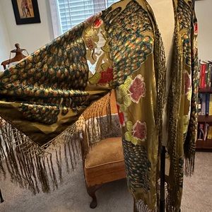 Velvet burnout fringe peacock kimono